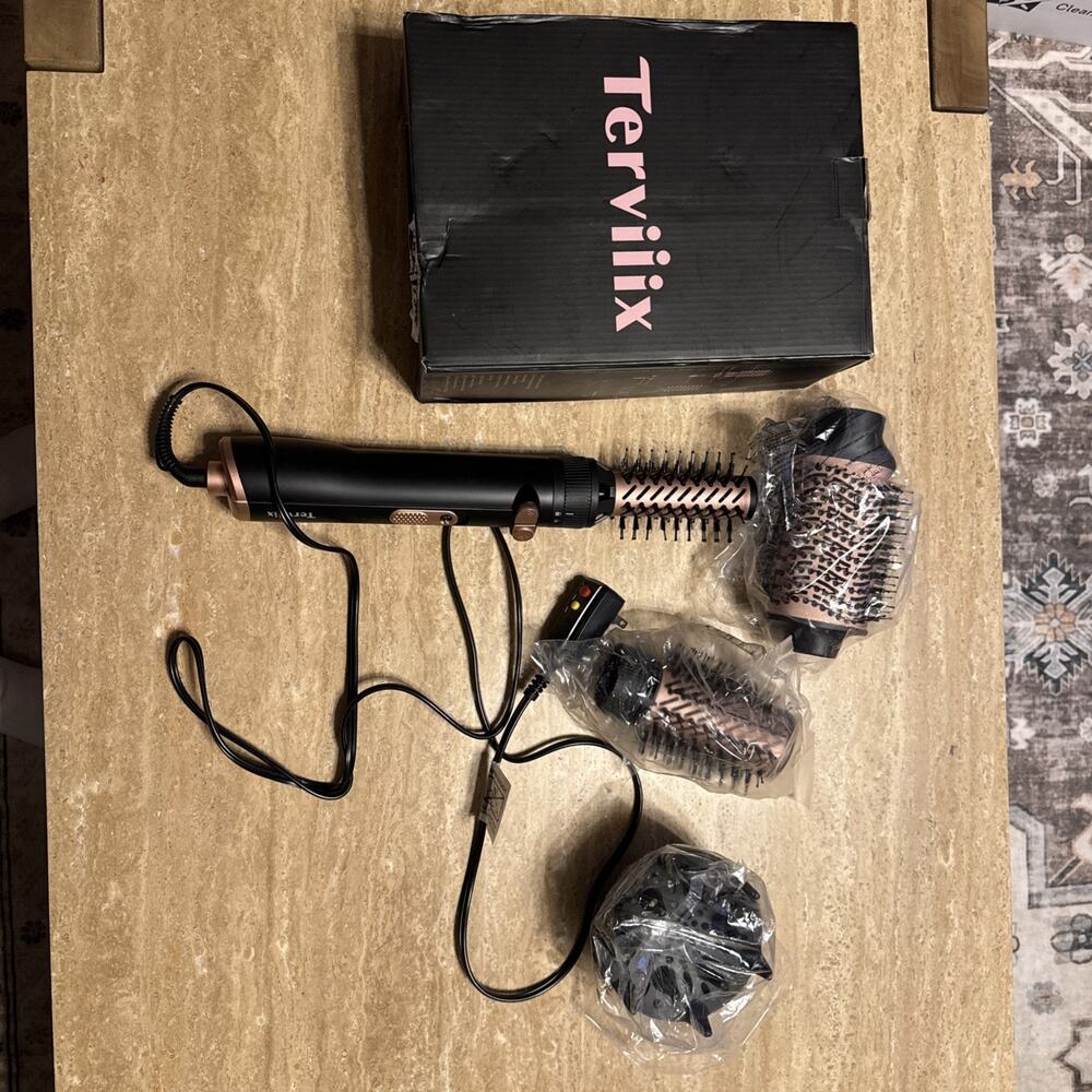 Terviiix 4-in-1 Rotating Hot Air Brush Set Blowout Styler Black Gold - Open Box